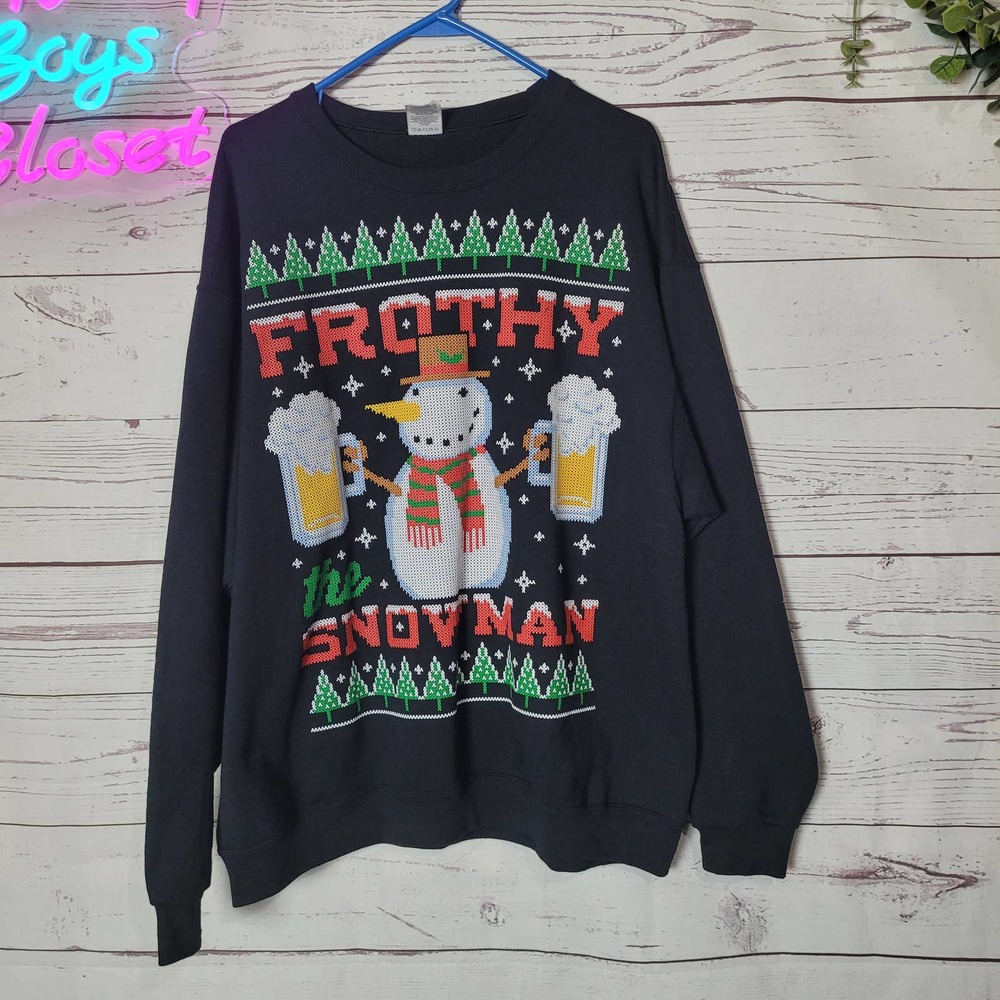Vintage JERZEES Black Frothy Snowman Beer Print Pullover Sweatshirt Womans XL